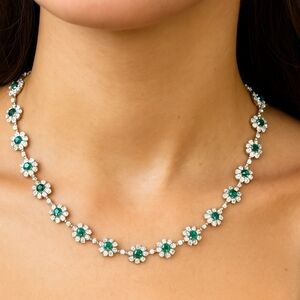 Radiant Cut Green Sapphire Flower Necklace Silver Tone 18" L